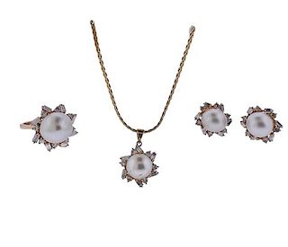 14K Gold Diamond Pearl Earrings Ring Necklace Set