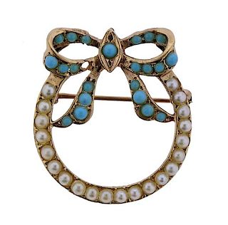 Antique 14k Gold Turquoise Pearl Brooch Pin 
