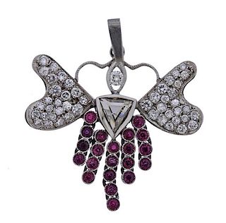 Platinum Diamond Ruby Dangle Pendant