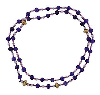 18k Gold Amethyst Tourmaline Pearl Necklace 