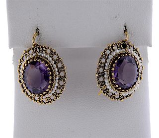 Antique 14k Gold Pearl Purple Stone Earrings 