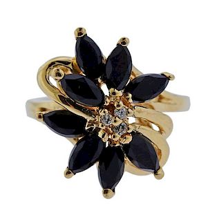 14K Gold Diamond Onyx Flower Ring
