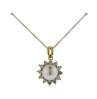 18K Gold Diamond Pearl Pendant Necklace