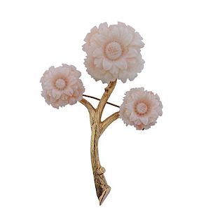 18k Gold Carved Coral Flower Brooch Pin 