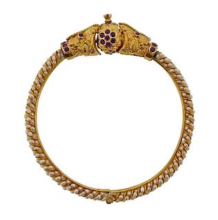20k Gold Ruby Pearl Bangle Bracelet 