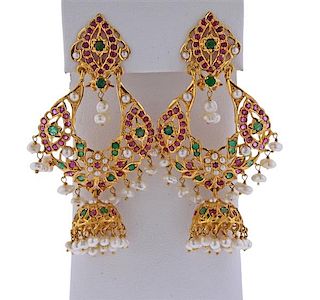 20k Gold Pearl Emerald Ruby Chandelier Earrings 