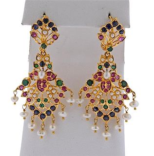 22k Gold Pearl Emerald Sapphire Ruby Earrings 