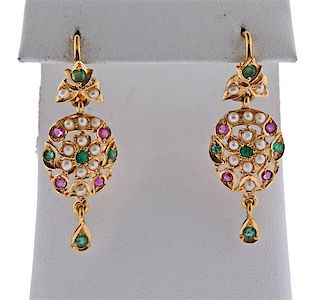 20k Gold Pearl Ruby Emerald Earrings 