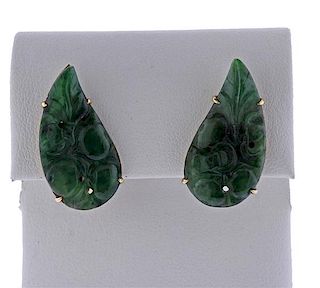 14k Gold Carved Jade Teardrop Earrings 