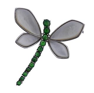 18k Gold Mother of Pearl Jadeite Dragonfly Brooch 