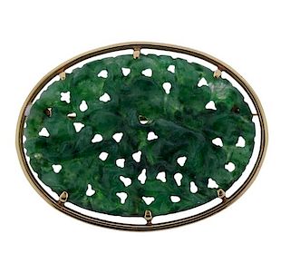14k Gold Carved Jade Oval Brooch Pin 