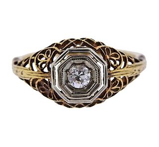 Art Deco Filigree 14K Gold Diamond Ring