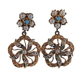Antique 14K Gold Pearl Blue Stone Enamel Earrings