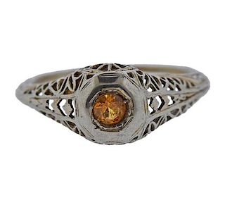 Art Deco 14K Gold Orange Stone Filigree Ring