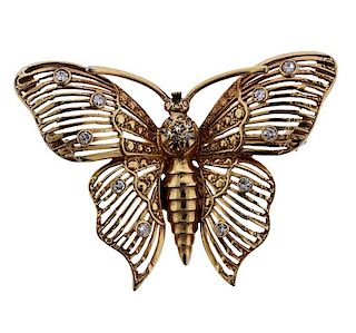 14K Gold Diamond Butterfly Brooch Pin