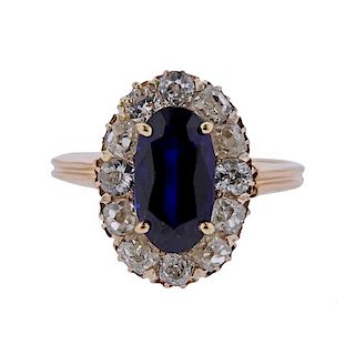 14k Gold Old Mine Diamond Blue Stone Ring 