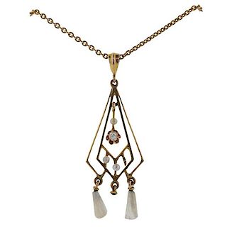 Antique 10k Gold Diamond Pearl Lavalier Pendant Necklace 