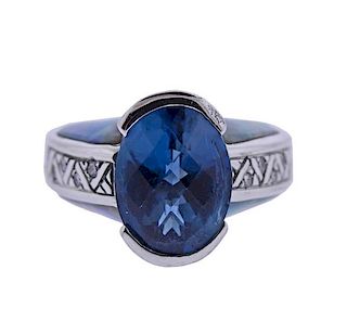 18K Gold Diamond Opal Blue Stone Ring