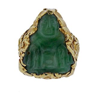18K Gold Carved Jade Buddha Ring
