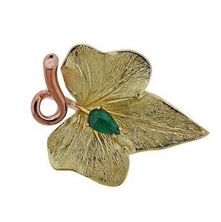 14K Gold Emerald Leaf Brooch Pin