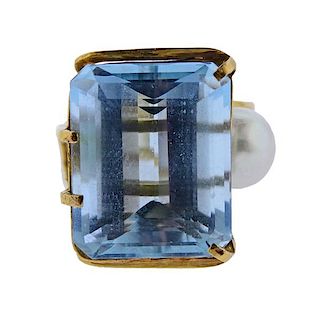 14k Gold 22.17ct Aquamarine Pearl Ring 
