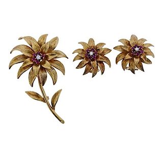 Tiffany &amp; Co 18k Gold Diamond Ruby Brooch Earrings Set 