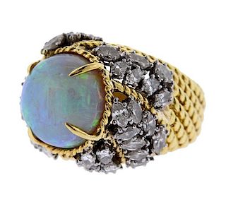 18k Gold Diamond Opal Dome Ring 