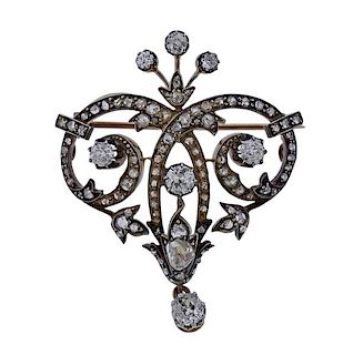 Antique Gold Silver Diamond Brooch Pin 