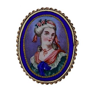 French 14K Gold Miniature Painting Porcelain Brooch Pendant