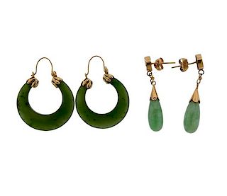 14K Gold Green Stone Drop Hoop Earrings Lot