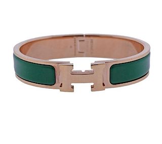 Hermes Rose Tone Vert Sapin Green Enamel Clic Clac H Bracelet 