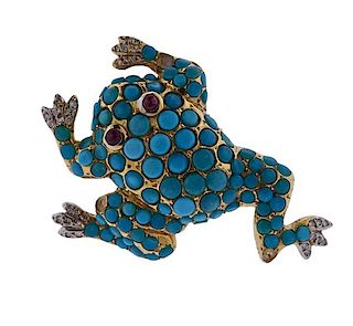18K Gold Diamond Turquoise Red Stone Frog Ring
