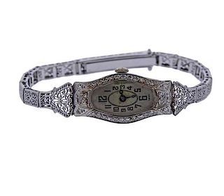 Art Deco Platinum Diamond Gold Filigree Bracelet Watch