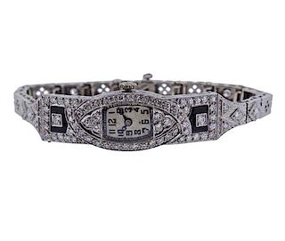 Art Deco Platinum Diamond Onyx Gold Bracelet Watch