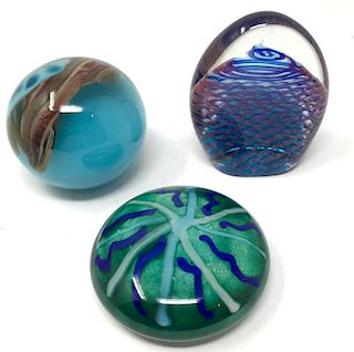 Three Art Glass Contemporary Paperweights 