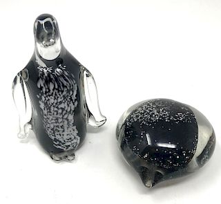 Two Art Glass Paperweights Penguin & Heart