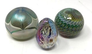 Three Art Glass Iridescent Paperweights 