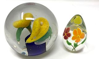 Two Floral Art Glass Paperweights 