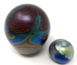 Two Iridescent Art Glass Paperweights Vendermark and Other