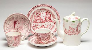 ENGLISH STAFFORDSHIRE POTTERY CHILDREN'S AND OTHER TEA ARTICLES, LOT OF SIX