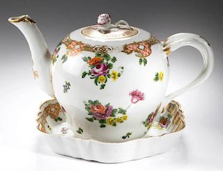 ENGLISH CHAMPION'S BRISTOL PORCELAIN TEAPOT, COVER AND STAND