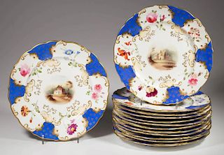 ENGLISH STAFFORDSHIRE OR WORCESTERSHIRE PORCELAIN DINNER PLATES, LOT OF 13