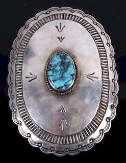 Navajo Signed Lone Mountain Turquoise Belt Buckle