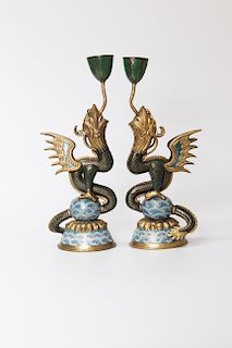 A PAIR OF CLOISONNE CANDLESTICKS IN THE FORM OF DRAGON