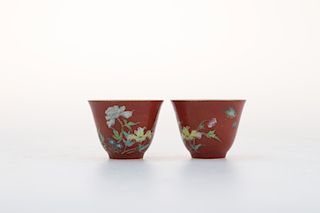 A PAIR OF CHINESE CORAL RED FLOWER BUTTERFLY GLAZED CUPS