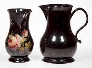 ENGLISH STAFFORDSHIRE POTTERY BLACK-GLAZED RED EARTHENWARE PITCHERS, LOT OF TWO
