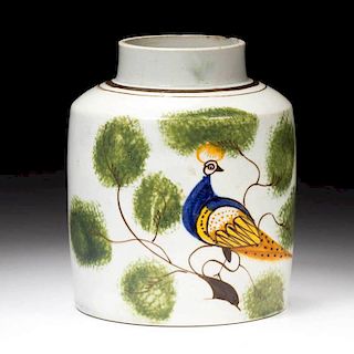 ENGLISH STAFFORDSHIRE POTTERY PEARLWARE PEAFOWL TEA CANISTER