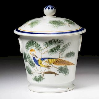 ENGLISH STAFFORDSHIRE POTTERY PEARLWARE PEAFOWL SUGAR BOWL AND COVER