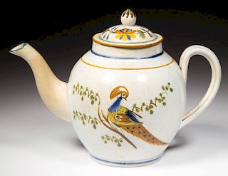 ENGLISH STAFFORDSHIRE POTTERY PEARLWARE PEAFOWL TEAPOT AND COVER