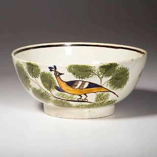 ENGLISH STAFFORDSHIRE POTTERY PEARLWARE PEAFOWL WASTE BOWL ON FOOT